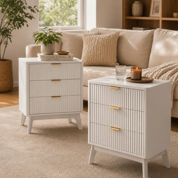 slide 2 of 14, Garvee Modern 3 Drawers Sofaside End Table Chairside Table Set of 2 with Gold Handle for Living Room White
