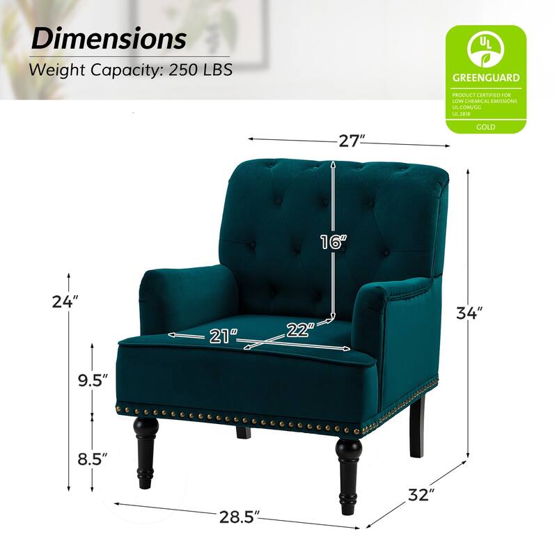 Geltrude Transitional Upholstered Button Tufted Club Chair with turned wooden Legs by HULALA HOME