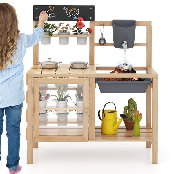 slide 2 of 10, Natural Wooden Backyard Mud Kitchen for Kids with Real Water Play Sink Garden Cups and Cooking Set - 27" L x 11.5" W x 33.5" H Natural-Black