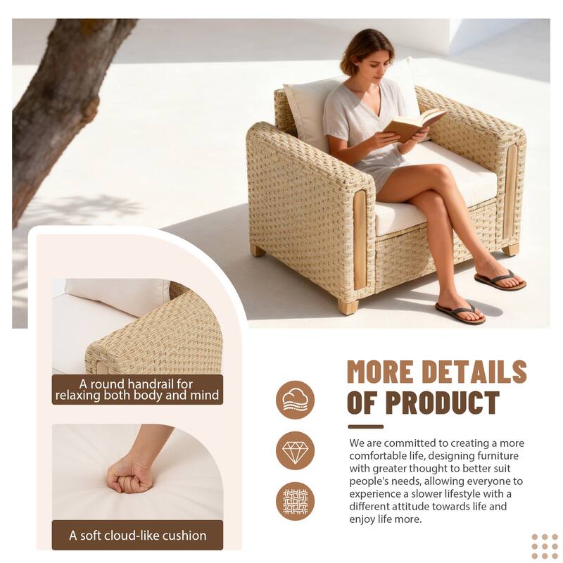 Outdoor Conversation Set Sectional Sofa 7-Piece Patio 3-Seater Modular Sofa Coffee Table Wicker Rattan Acacia Wood with Ottoman