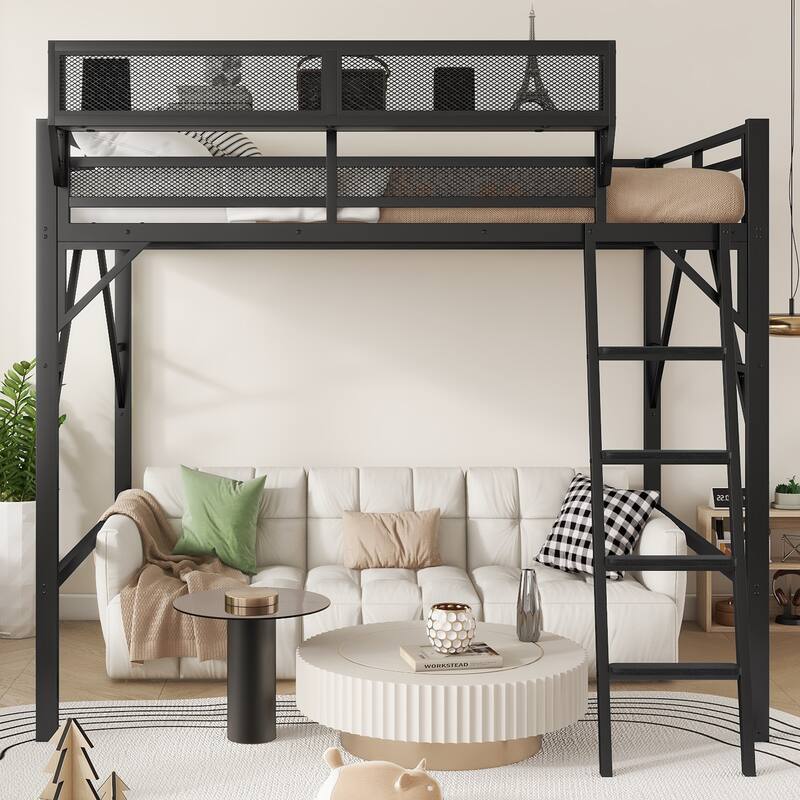 Queen Size Black Loft Bed with Storage Shelves Ladder for Kids Teens
