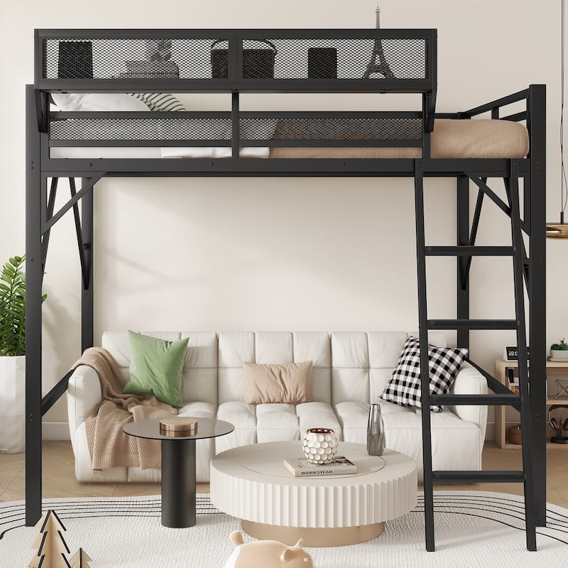 Queen Size Loft Bed with Ladder, Metal Queen Loft Bed with Storage Shelves, High Loft Bed for Kids Teens, Black Patent Products
