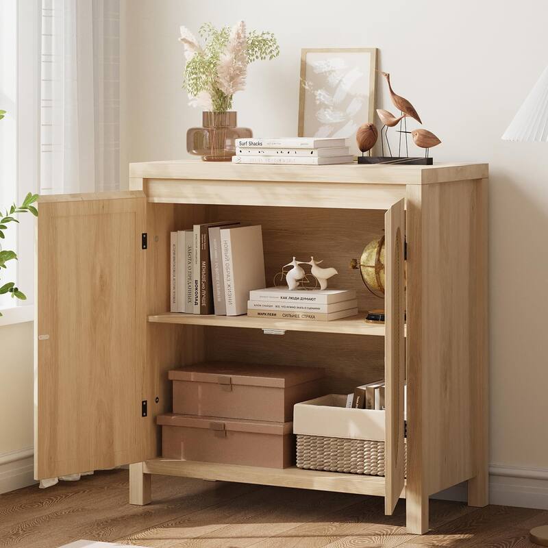 Rattan Storage Cabinet, Wooden Sideboard Buffet Cabinet with Doors and Shelves - Natural