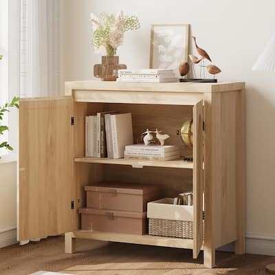 Rattan Storage Cabinet, Wooden Sideboard Buffet Cabinet with Doors and Shelves