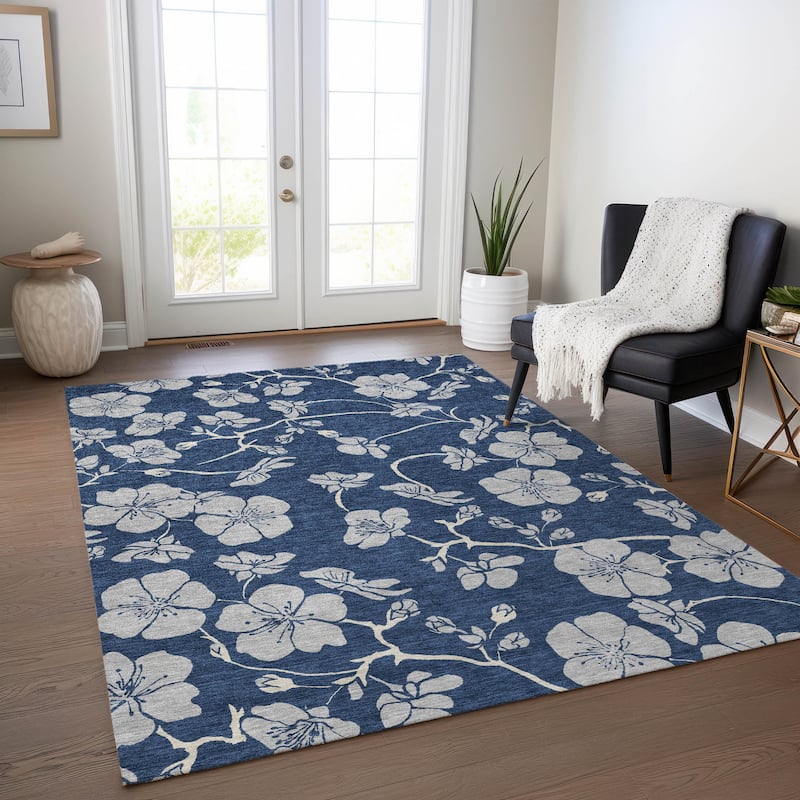 Machine Washable Indoor/ Outdoor Floral Zen Chantille Rug - Navy - 5' x 7'6"