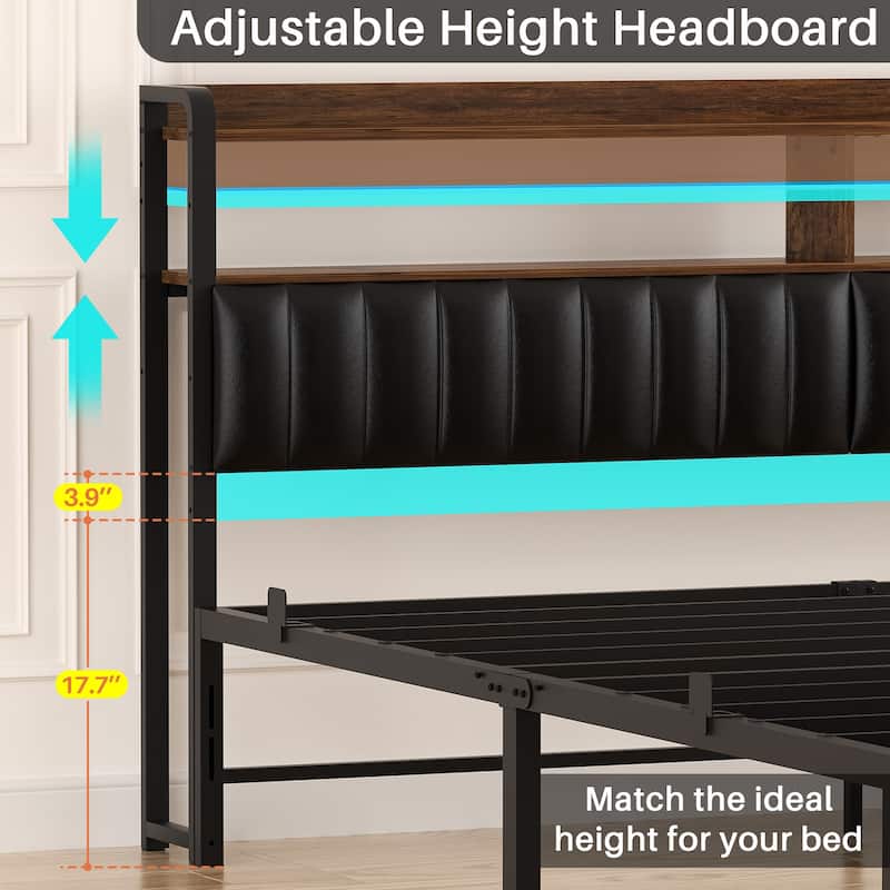 Platform Bed Frame with Upholstered Storage Headboard, Full/ Queen/ King Beds with Charge Station and LED Lights