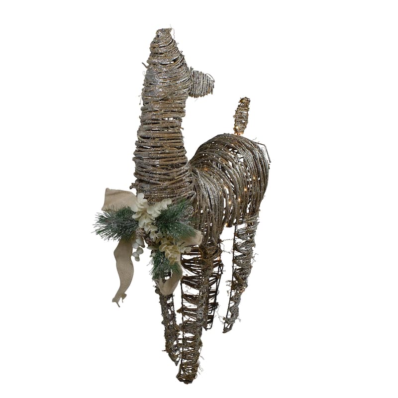 32" 3D Pre-Lit Standing Rattan Reindeer with Ivory Bow and Pine Boughs and Cones Outdoor Christmas Decoration