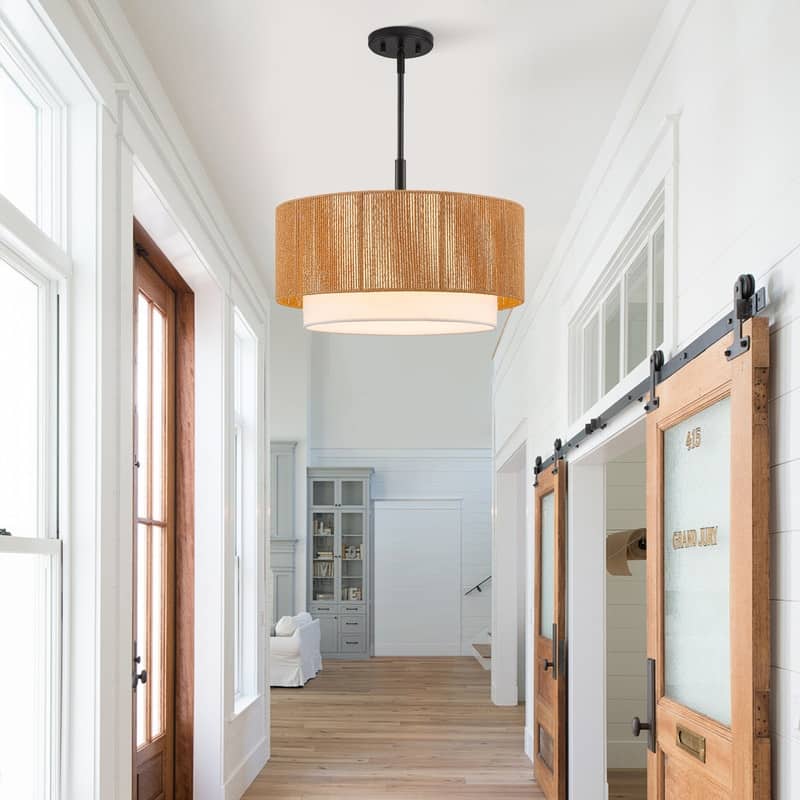 KAWOTI 1-light Adjustable Height Pendant Light with Rattan Shade - W19" x H20"