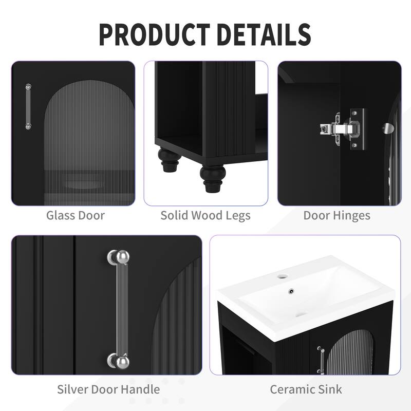 Small Bathroom Vanity with Sink, Wood Bathroom Cabinet with Glass Door, Single Basin Vanity Set with Two-Tier Shelf