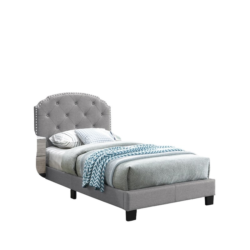 Light Gray Burlap Twin Bed with Nailhead Trim & Button Tufted Design!