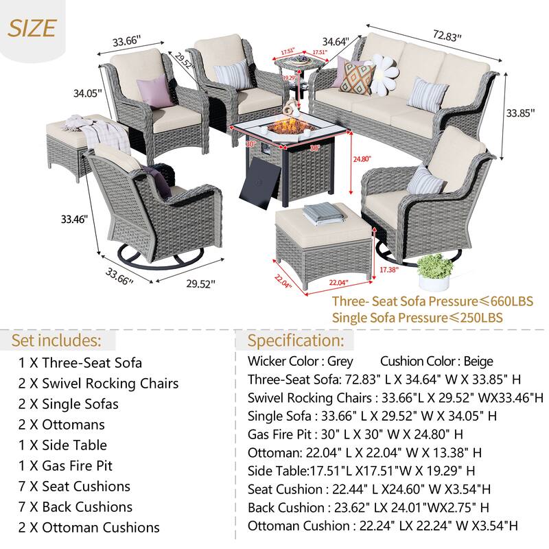 OVIOS 9-piece Patio Wicker Swivel Chair Set With 30" Fire Pit