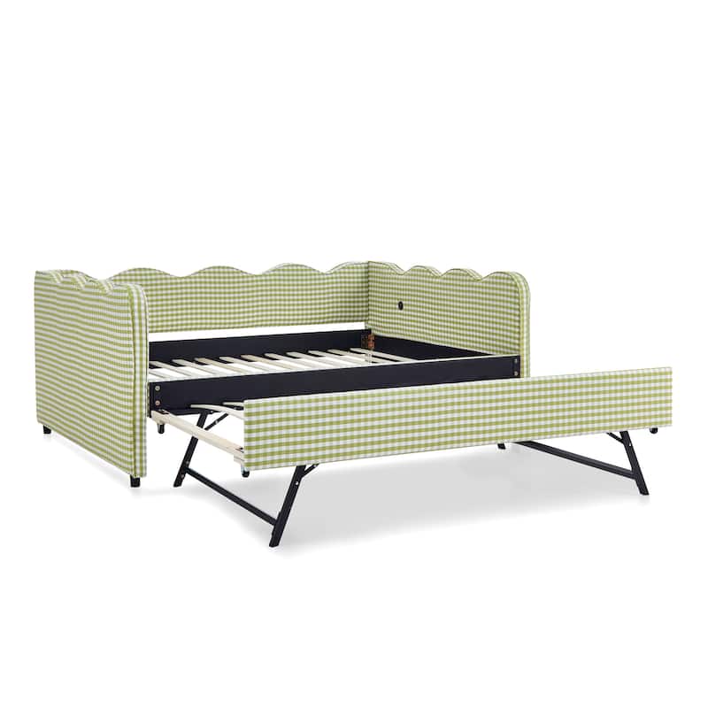 Full Size Gingham Daybed with Twin Trundle, USB Port, Wave Shaped Design & Linen Fabric - No Box Spring Needed