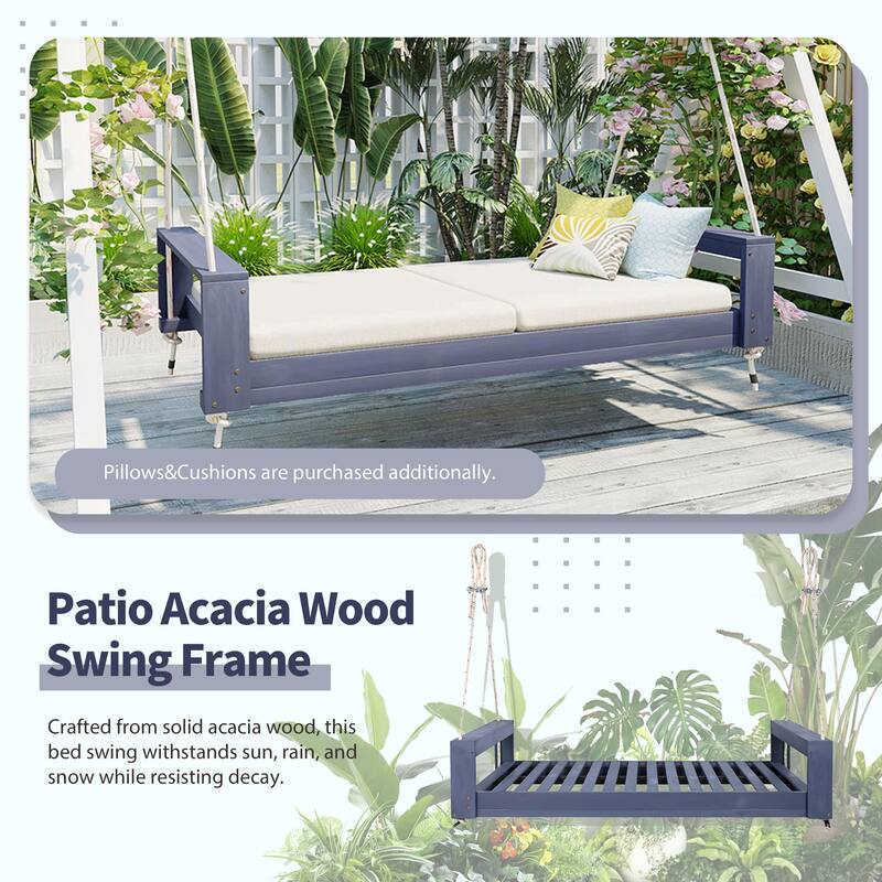 Twin Size Porch Swing Bed Seating Group, Patio Acacia Wood Swing Frame with Hemp Rope