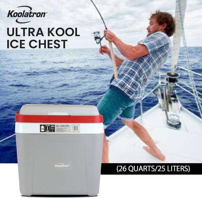 Koolatron Ice Chest Cooler w/ Locking Carry Handle, 25L (26 qt), 32 Can Capacity, Gray and Red