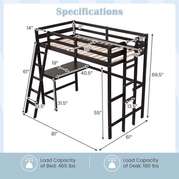 dimension image slide 0 of 3, Costway Twin Size Loft Bed w/ Desk & Shelf 2 Ladders & Guard Rail for