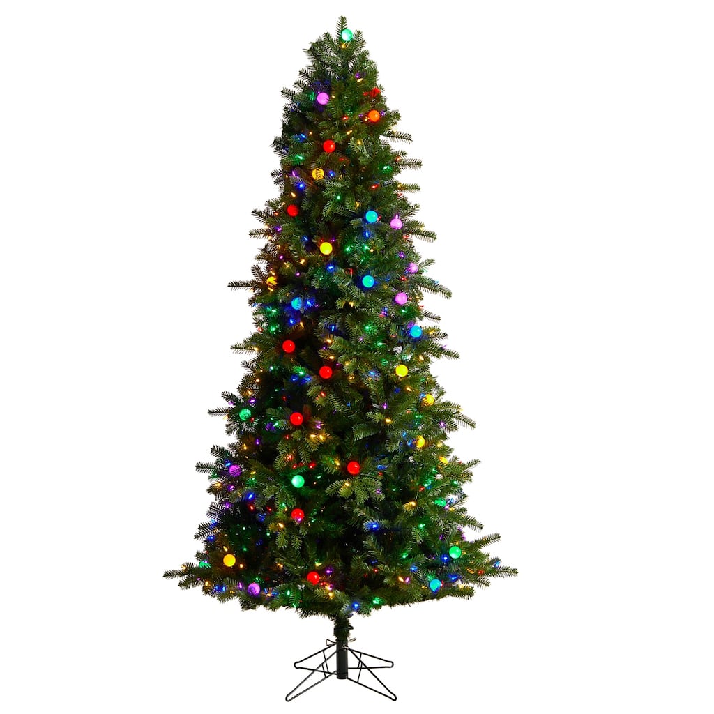 7.5ft. Fir Artificial Christmas Tree with 650 Multi Color LED Lights, Instant Connect & 60 Globe Bulbs-Vibrant X-Mas Centerpiece