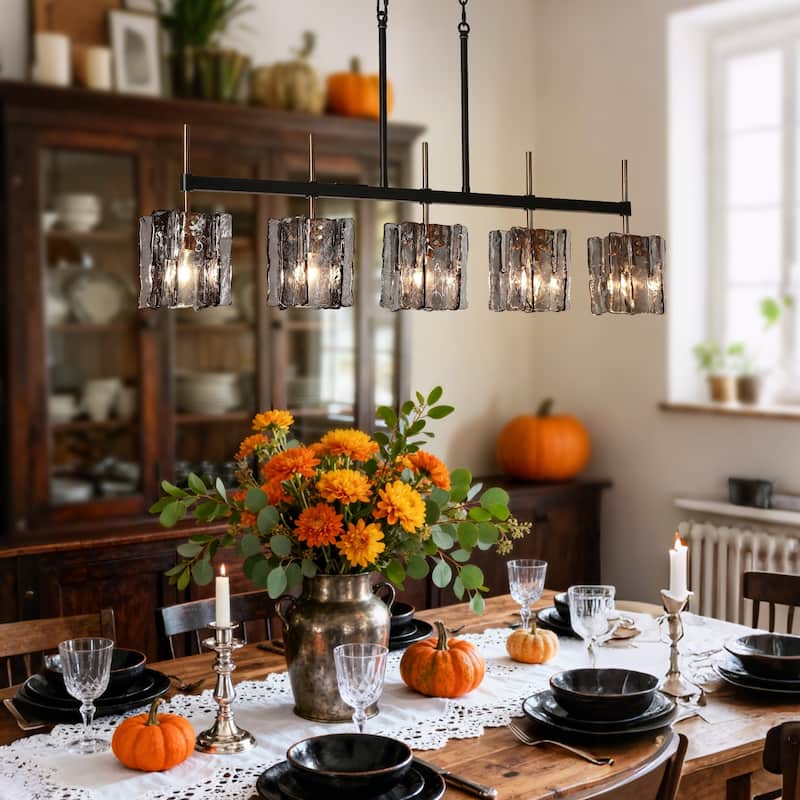 Kasy Modern 5-Light Linear Chandelier Textured Glass Kitchen Island Light Art Deco