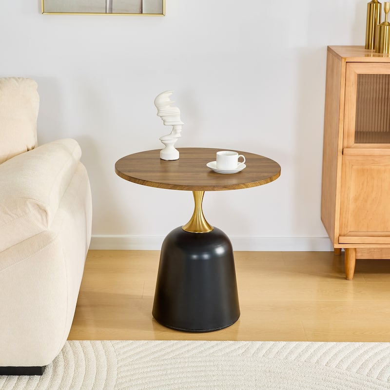 Small Circular Side Table Coffee Table, Metal Base Living Room Table, Walnut Wood Grain Minimalist Modern Decoration