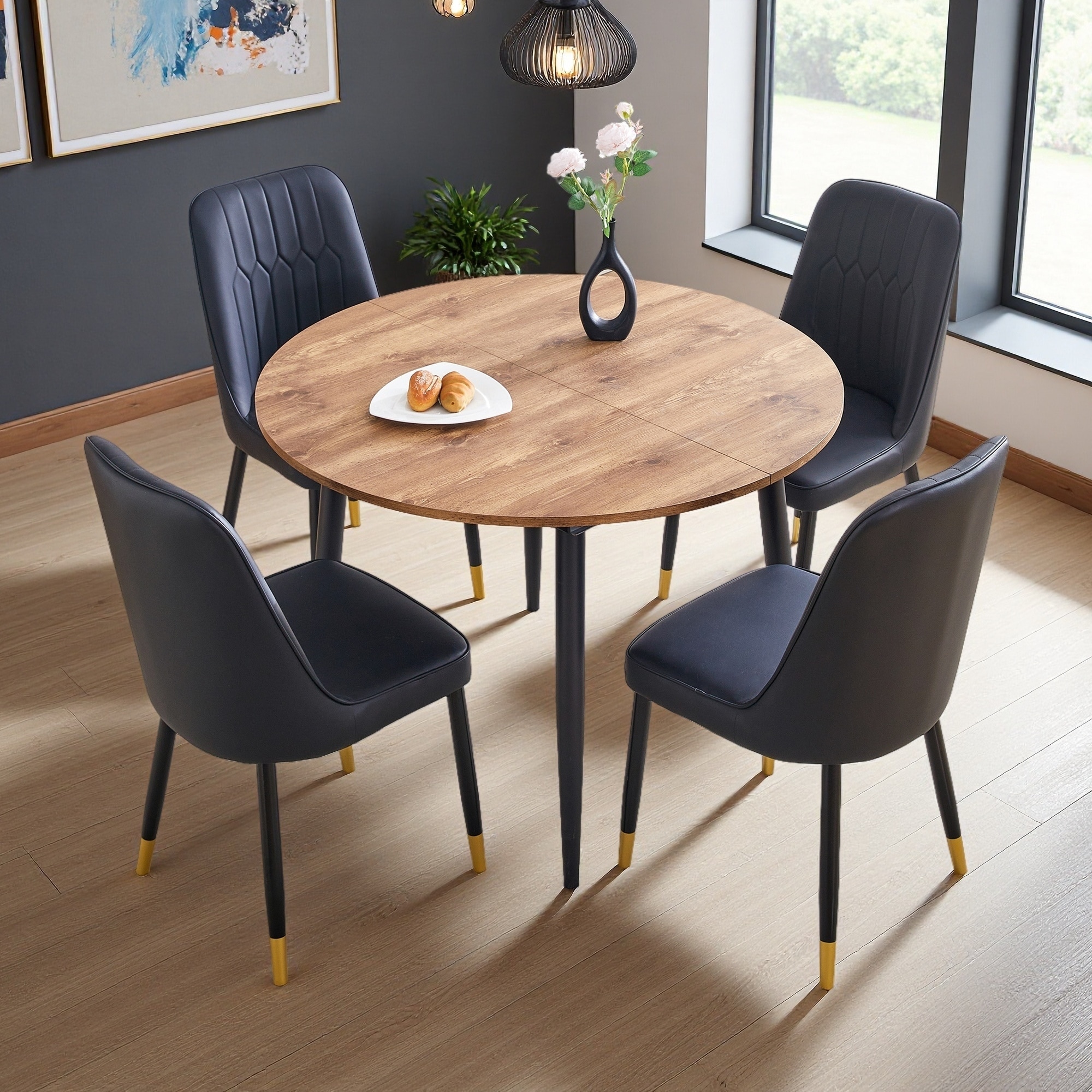 Table and chair set. Modern extendable wood MDF dining table with 4 PU-cushioned chairs and metal legs