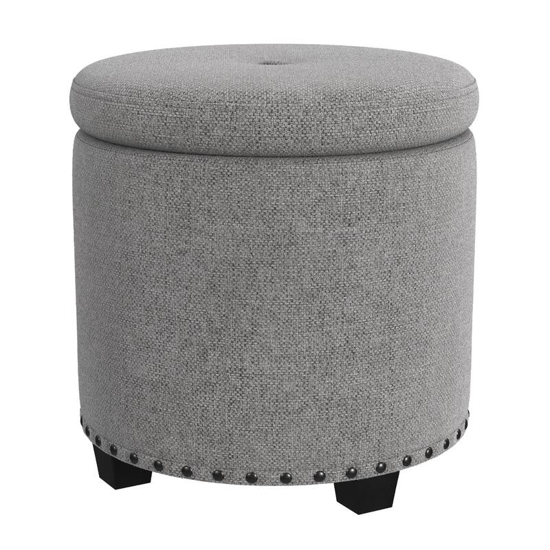 Zoya 19 Inch Round Storage Ottoman with Lift Top in Light Gray Woven Fabric