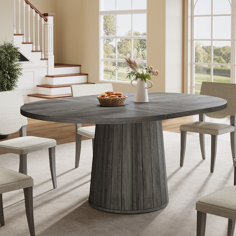 Brown Finish Manufactured Wood 6-Person Dining Table with Polygonal Cylinder Wooden Base - 55.11"L x 39.37"W x 29.92"H - Grey