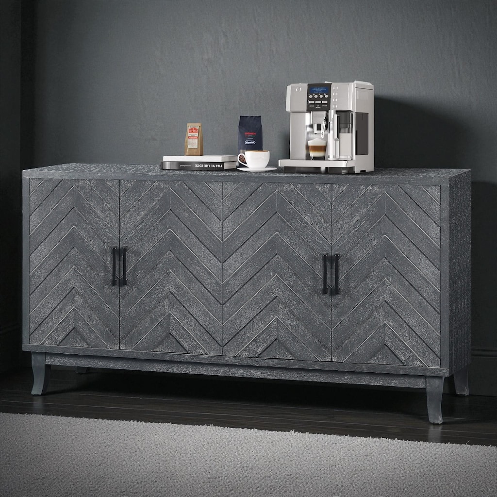 Vintage Lacquered 4-Door Buffet Sideboard Cabinet with Adjustable Shelves, Wooden Storage Cabinet for Entryway or Living Room