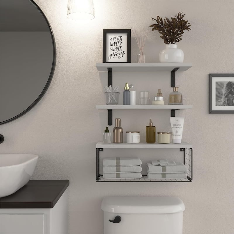 Floating Bathroom Shelf Wall Mounted with Wire Basket
