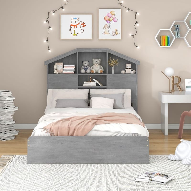 Full Size Wood Platform Bed with House-shaped Storage Headboard and 2 Drawers