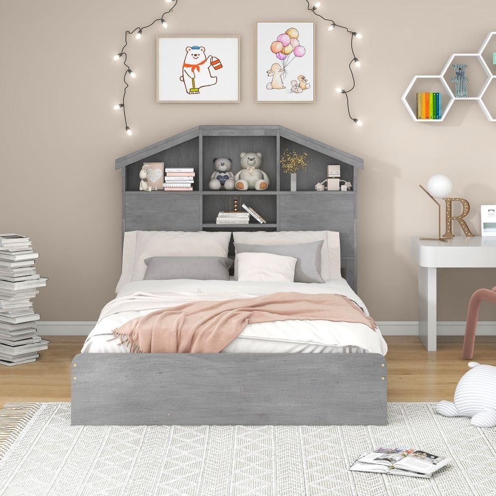 Full Size Wood Platform Bed with House-shaped Storage Headboard and 2 Drawers