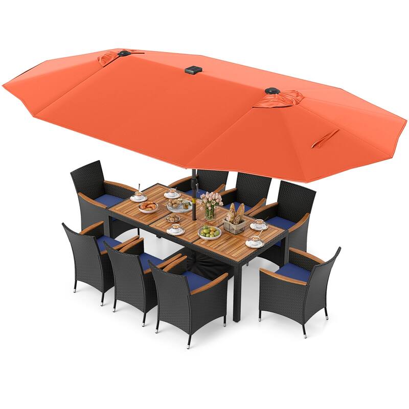 Gymax 11 PCS Patio Dining Set w/ 15ft Double-Sided Patio Umbrella