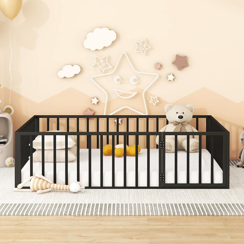 Black Queen Size Metal Floor Bed Frame with Fence and Door for Kids