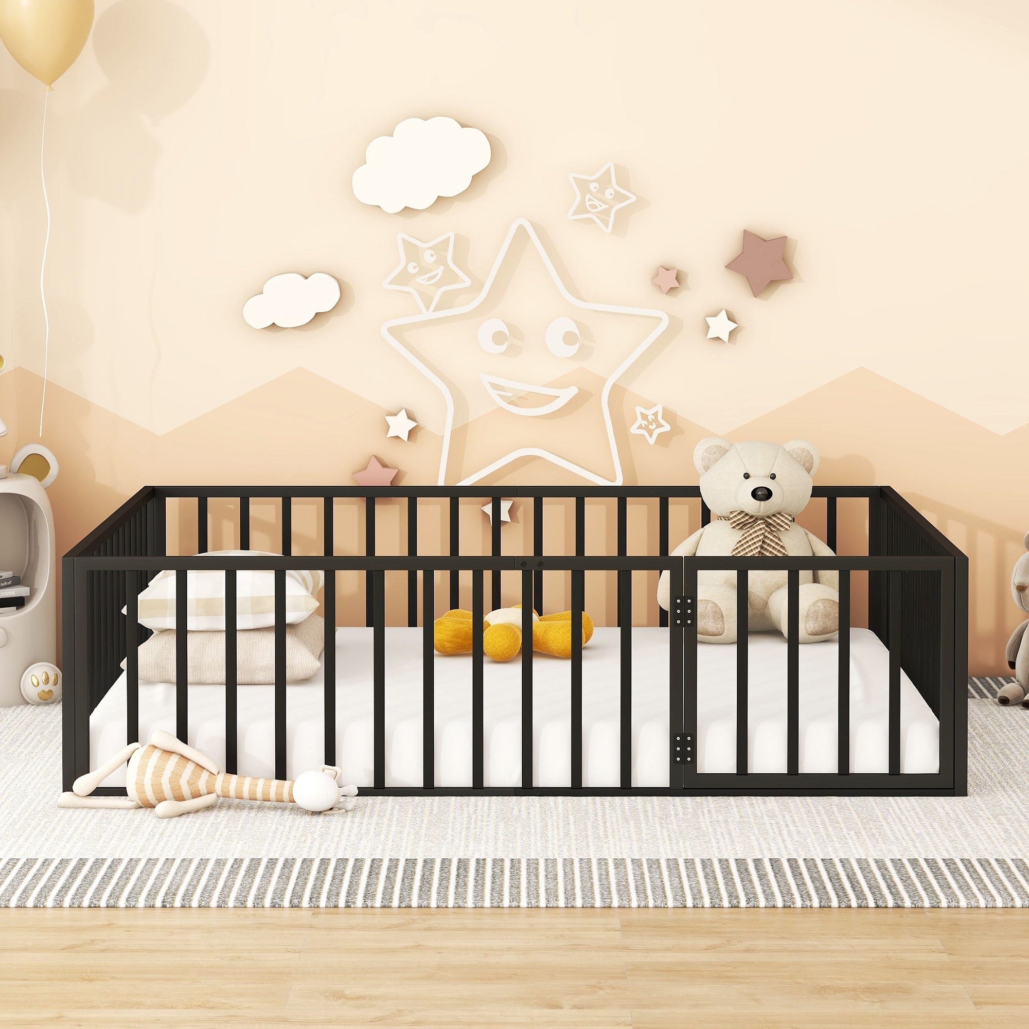 Black Queen Size Montessori Floor Bed Metal Ground Bed Frame with Fence and Door for Kids Teens No Box Spring Needed