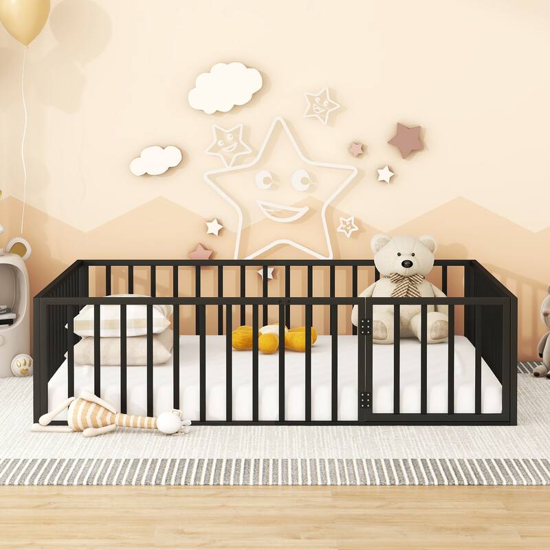 Queen Size Metal Floor Bed Frame with Fence and Door Perfect for Toddler
