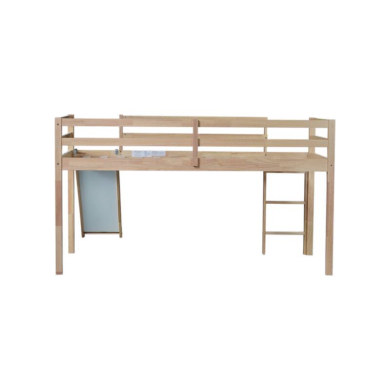 Rubber Wood Twin Loft Bed Frame, Twin Size Low Loft Bed with Ladder and Silde, Solid Wood Kids Loftbed Frame with Guardrail