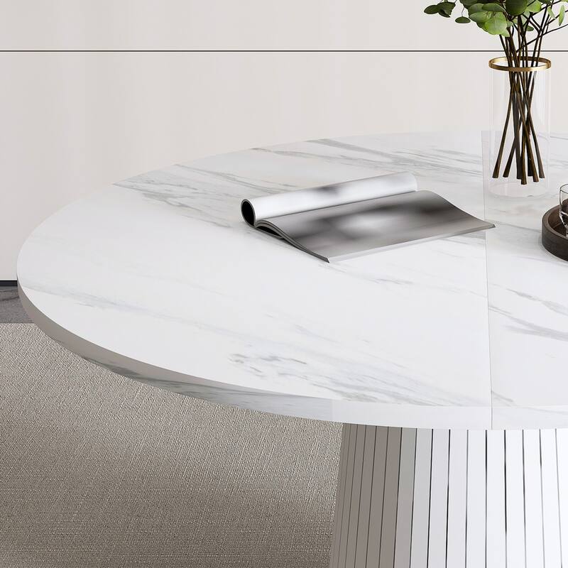 47 inch Round MDF Dining Table for 4, Modern Farmhouse Kitchen Table with Wood Strip Base, Circle Dinner Table