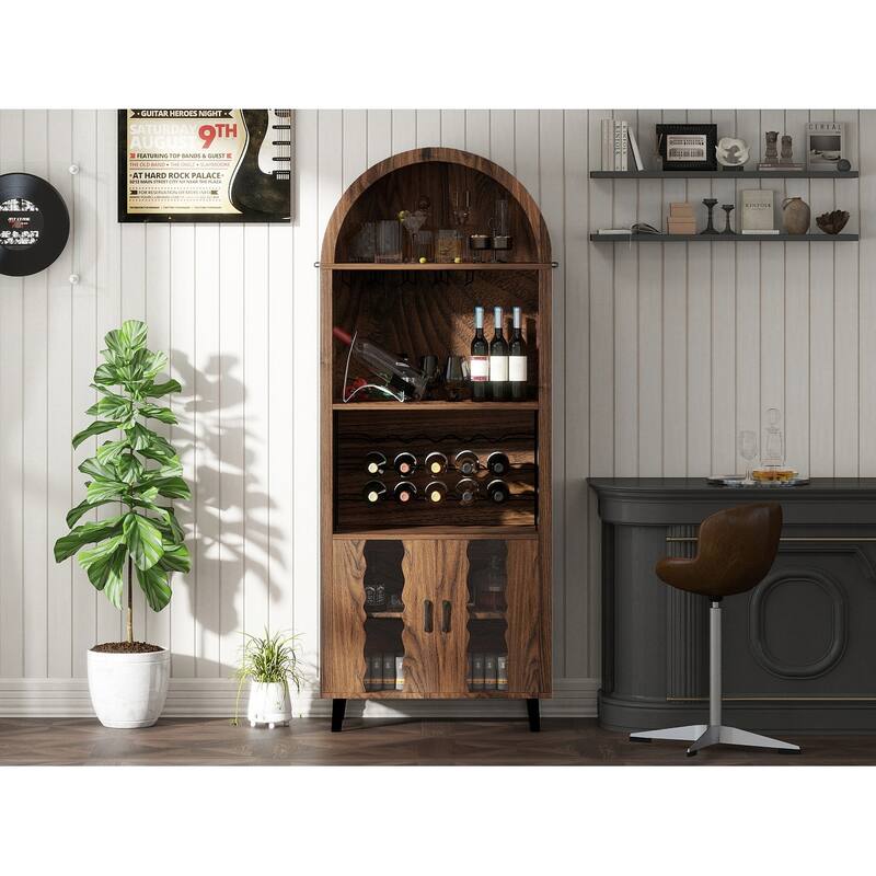 71"Farmhouse Arched Wine Bar Cabinet, Arch Cabinets &Coffee Bar, Whiskey Station With Wine Rack And Wine Glass Holder