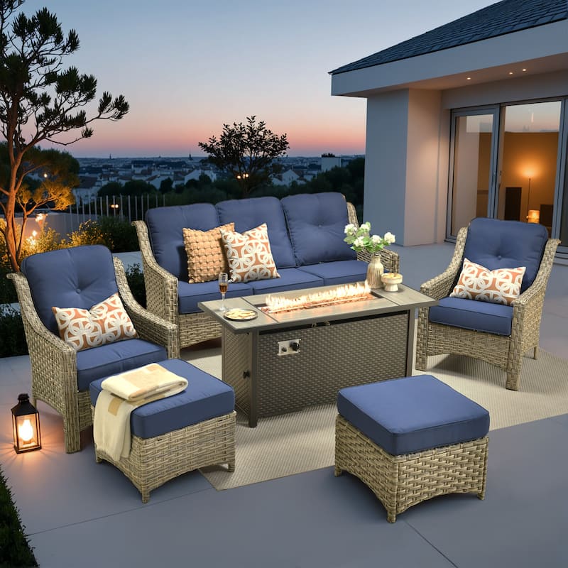 XIZZI 7-Piece Patio Seating Set with Cushions and Fire Pit Table - Navy Blue