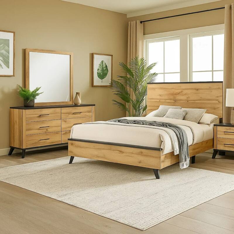 Wemy 4 Piece King Size Bed Set, Rustic Brown Pine Wood, Tapered Legs