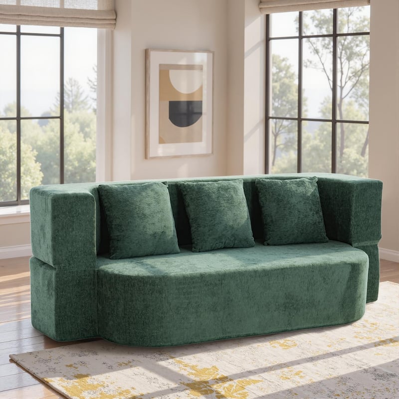 79" boneless loveseat Convertible Folding Sofa Bed, Twin Sleeper Sofa with Pillow, Modern Chenille Couch for Living Room - Green