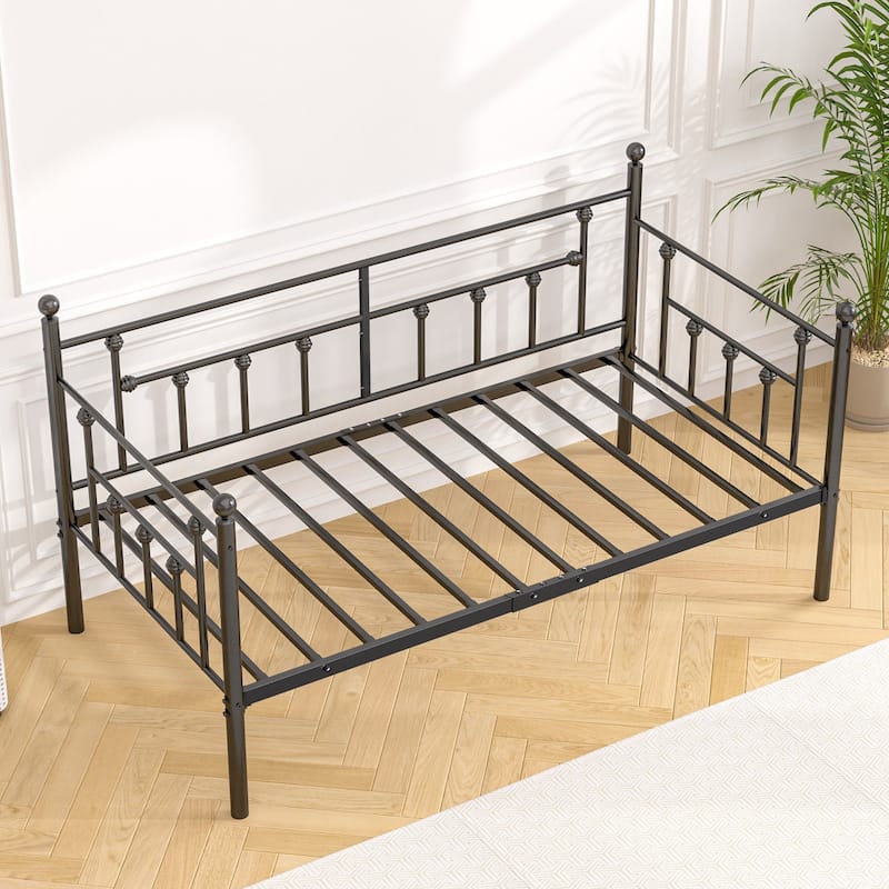 VECELO Roman Column Daybed 79" Iron Frame Space Saving Daybed Set with Rolling Trundle for Guest Teen Room Black or White