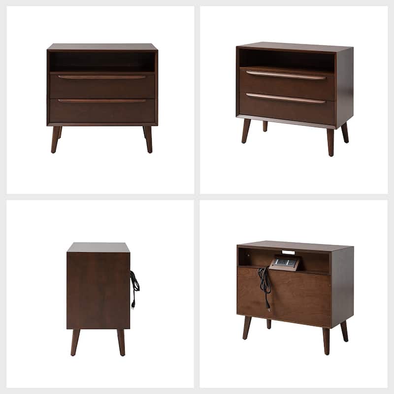 Kay Mid-century Modern 2 - Drawer End Table with Built-In Outlets and USB by HULALA HOME - Walnut