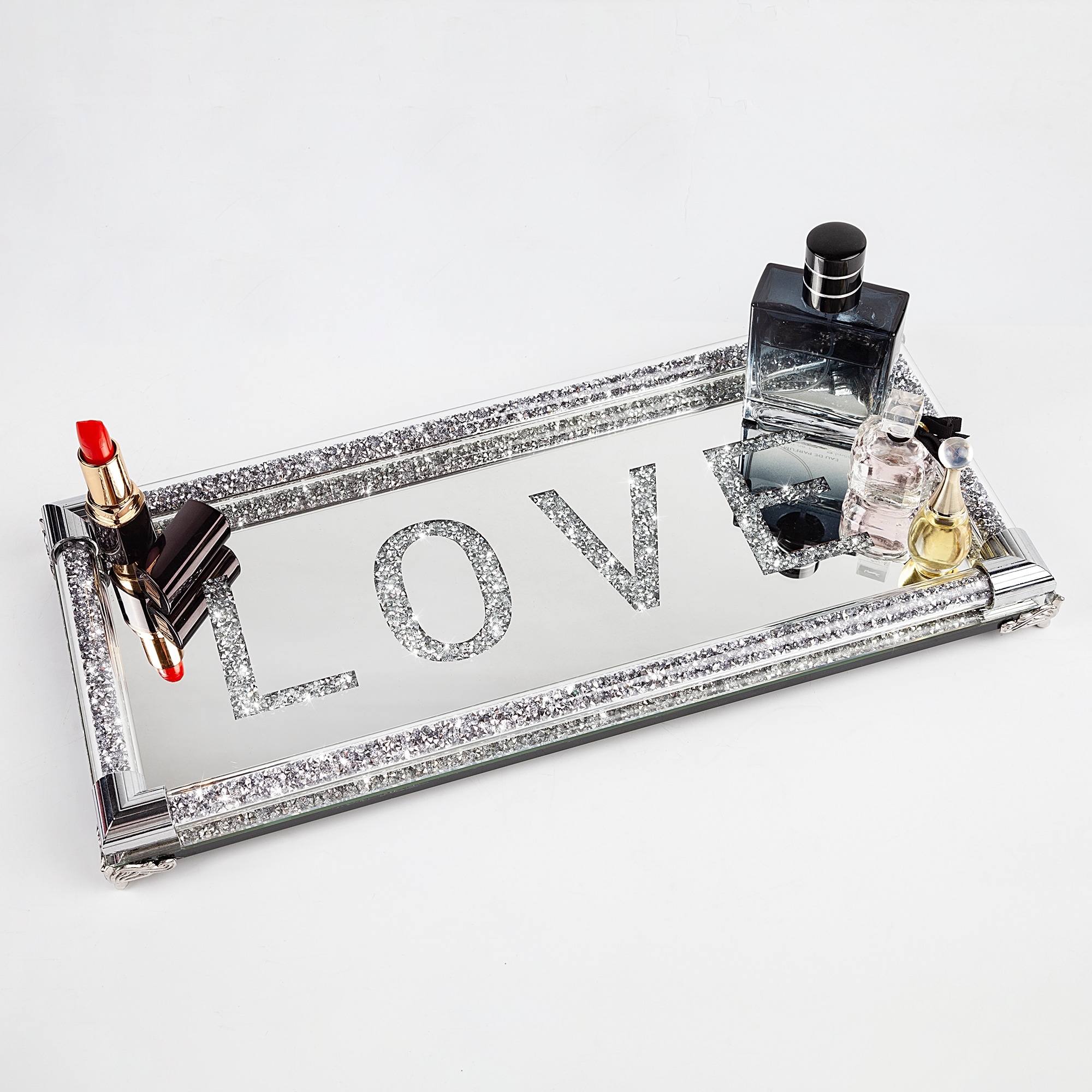 silver perfume tray for dresser Shyfoy 14in Large Decorative Tray Mirrored Perfume Trays for Vanity Dresser