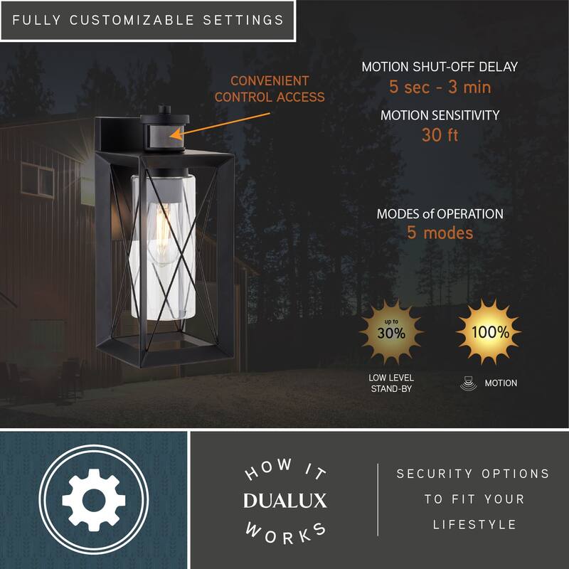 Milton Matte Black Motion Sensor Dusk to Dawn Outdoor Wall Light Transitional Clear Glass - 6-in W x 14-in H x 7-in D