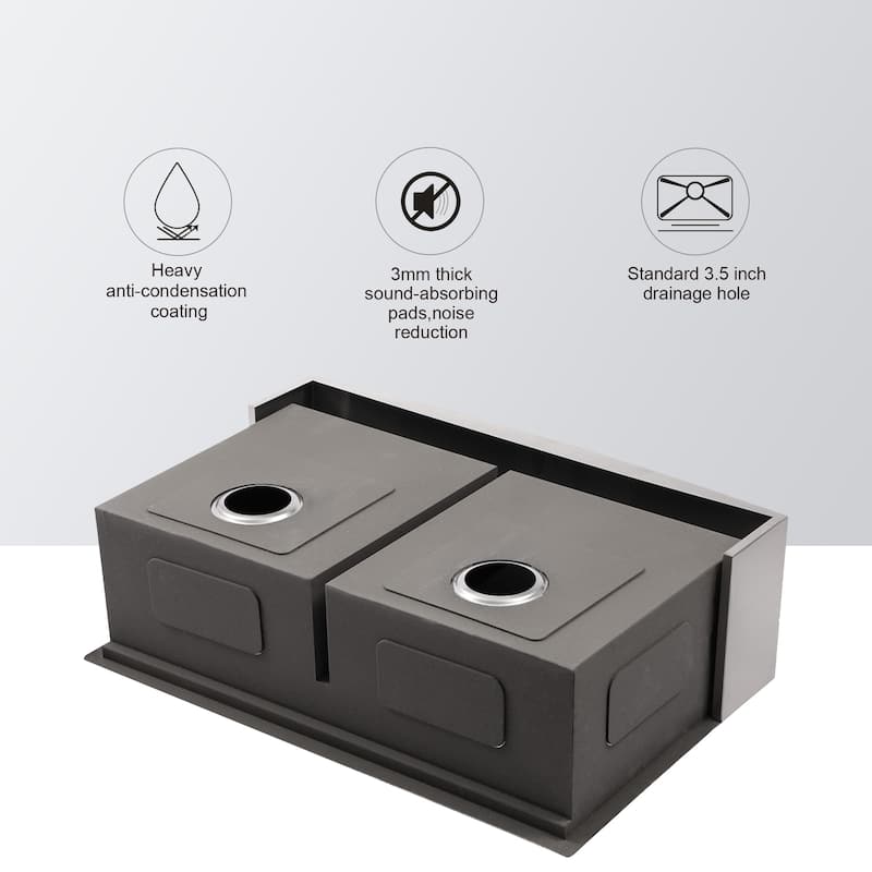 33" Apron Front Ledge Workstation Low Divide Double Bowl 50/50 16 Gauge Stainless Steel Farm Kitchen Sink - 33'' x 22" x 10''