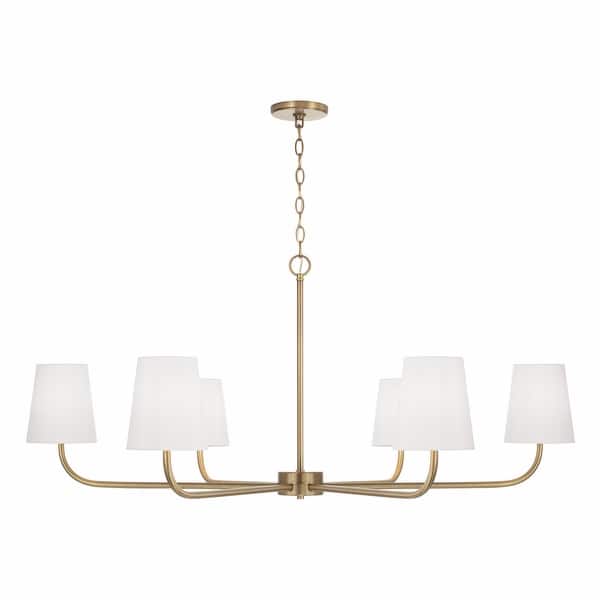 slide 2 of 8, Brody 6-light Hanging Chandelier w/ White Fabric Stay-Straight Shade Aged Brass
