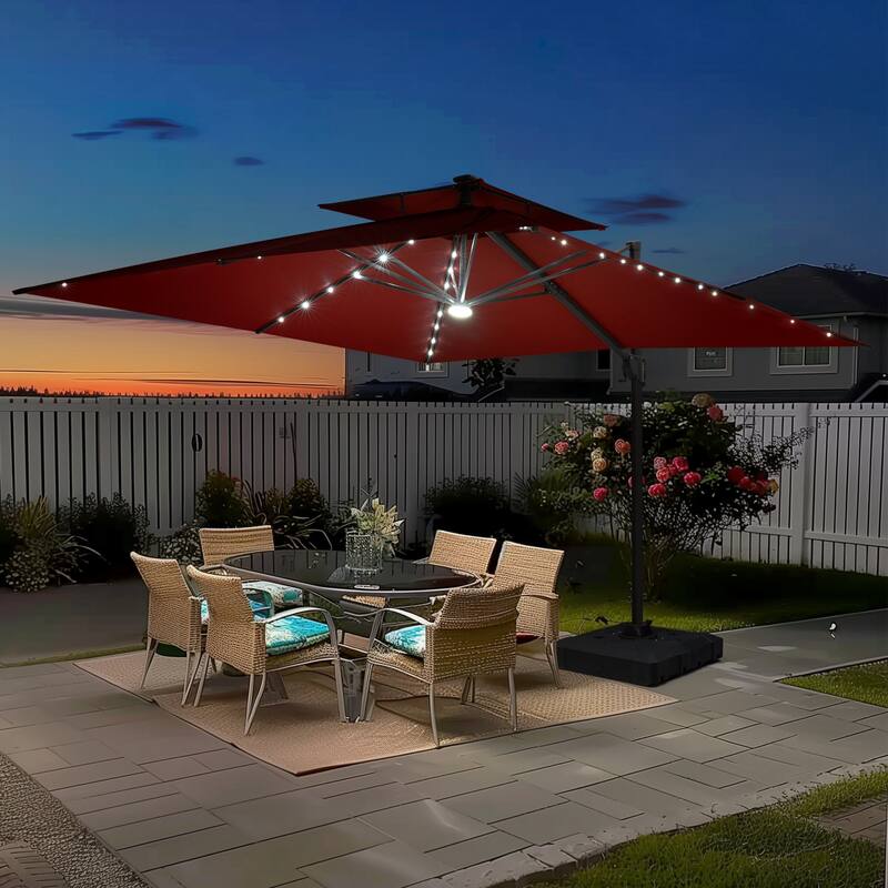11FT Outdoor Patio Cantilever Umbrella with LED Lights Double Vented Umbrella with Base