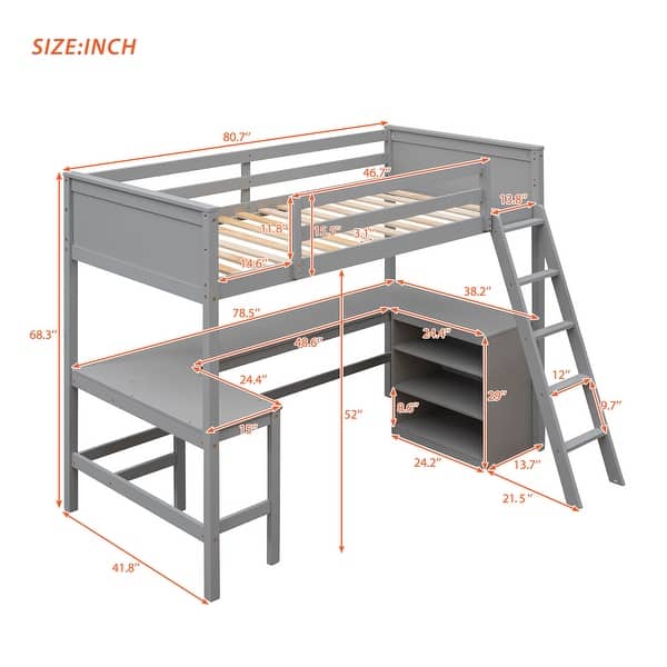 dimension image slide 2 of 3, Modern Twin Size Wooden Loft Bed With Shelves and Desk,Solid Construction