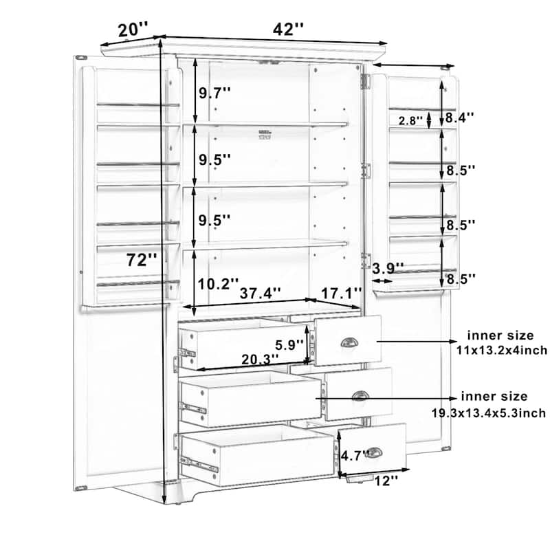 72" Shaker Style Kitchen Pantry Cabinet with Drawers, Freestanding Storage Cupboard with Pull-Out Trays