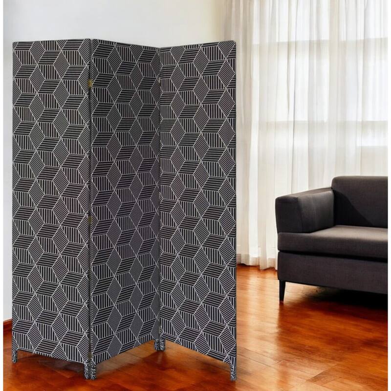 HomeRoots 71" Black and White Fabric Folding Three Panel Screen Room Divider - 47' X '71' X '1 - 47' X '71' X '1