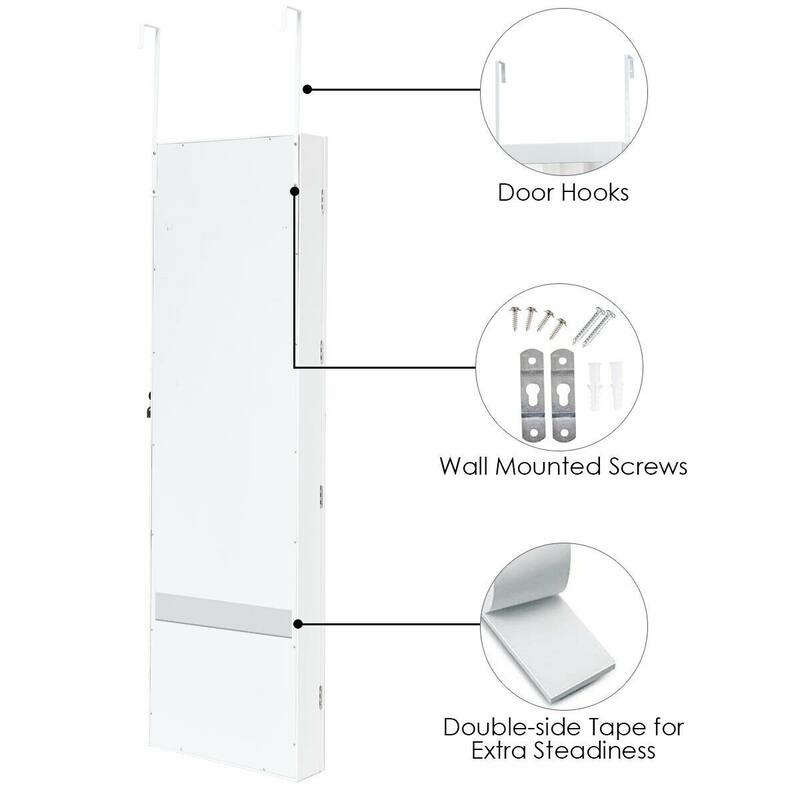 Wall Mounted Lockable Mirror Jewelry Cabinet with LED Light - 4.5" x 3.5" x 56.5" (W x D x H)
